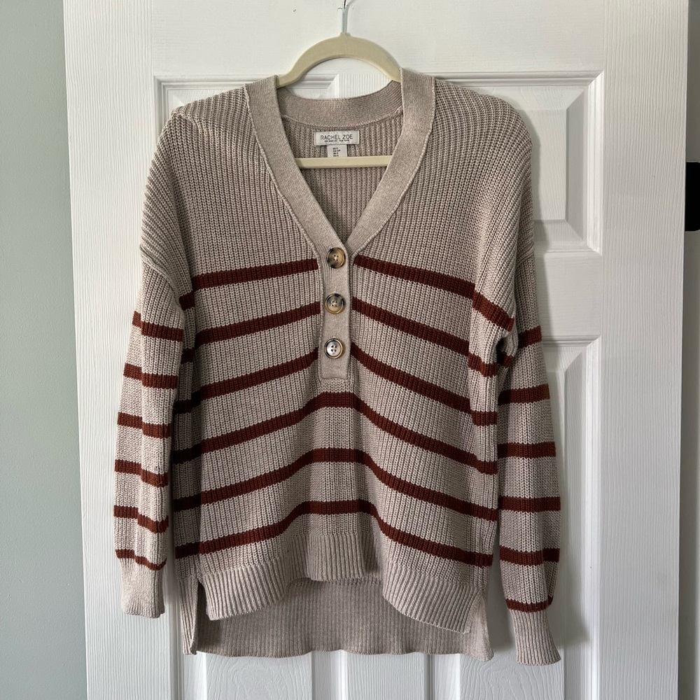 Rachel Zoe Beige and Rust Striped V-Neck Button Sweater